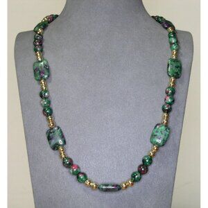 Ruby Zoisite & Gold Bead Necklace With Toggle Clasp 30 Inches Long